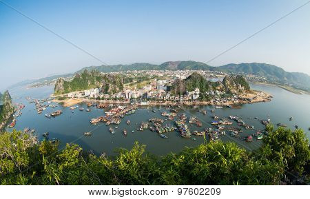 QUANGNINH, VIETNAM, July 12, 2015. Boats on the sea from high view in Halong bay. Halong bay is World Natural Heritage of Quang Ninh, Vietnam.