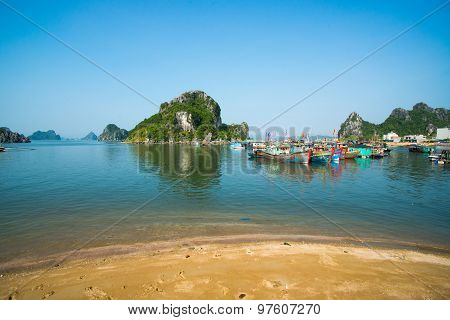 Beautiful seascape with boats in Halong bay