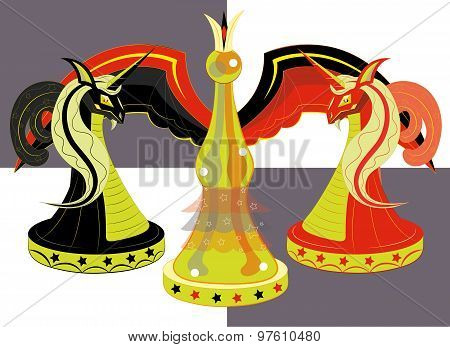 Chessboard with chessmen, two horses red and black and the queen