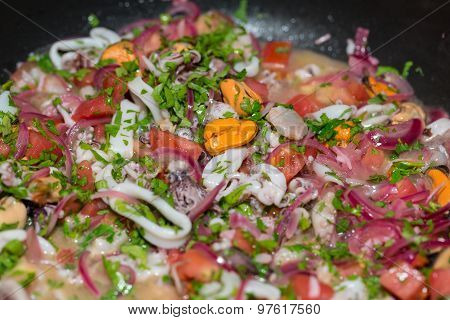 The healthy diet. Fresh seafood and vegetables