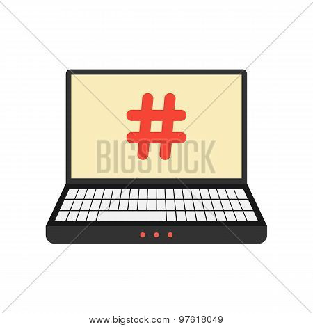laptop with hashtag icon on screen