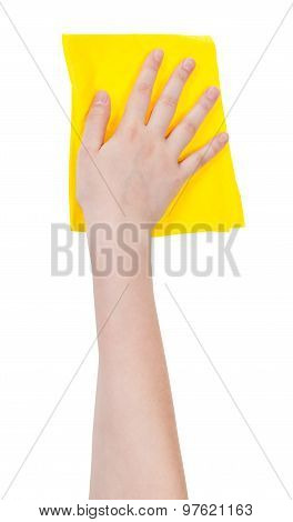 Hand With Yellow Washing Rag Isolated On White