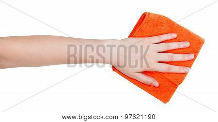 Hand With Orange Cleaning Rag Isolated On White