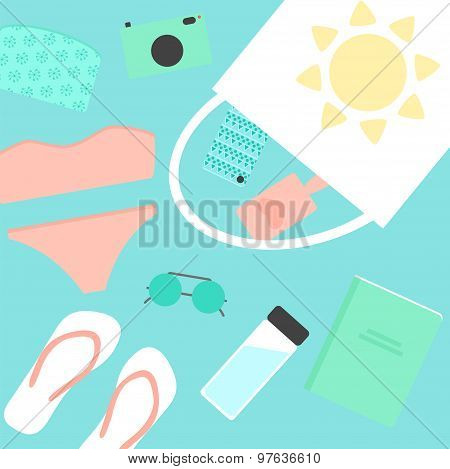 Beach stuff elements including swimwear, sunglasses, bag, water bottle, mobile phone, flip flops
