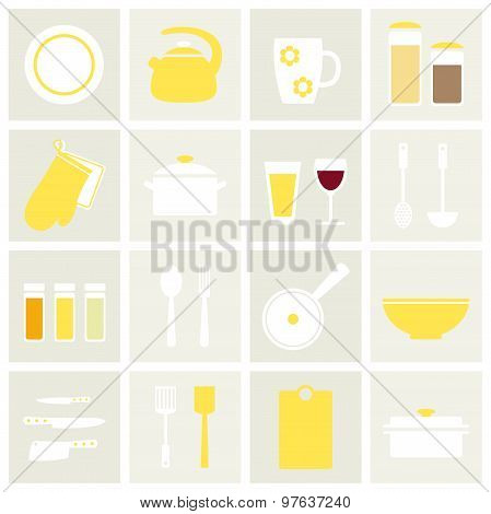 Flat simple kitchen stuff set in white and yellow colors.