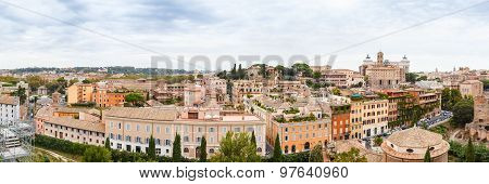 Panorama Cityscape from height roofs of red tiles and narrow streets of Rome Italy