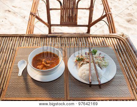 Khmer A-mok With Rice And Vegetable Salad
