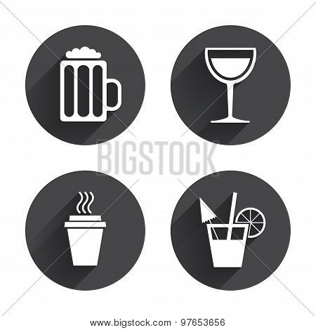Drinks signs. Coffee cup, glass of beer icons.