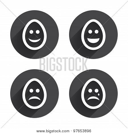 Eggs happy and sad faces signs. Easter icons.