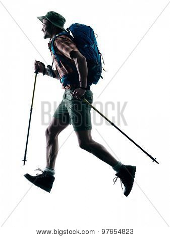 one caucasian man trekker trekking running happy  in silhouette isolated on white background