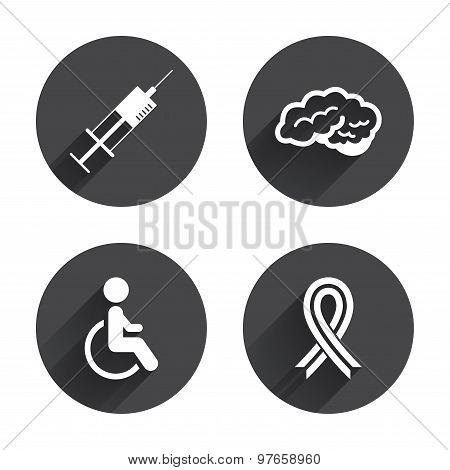 Medicine icons. Syringe, disabled, brain.