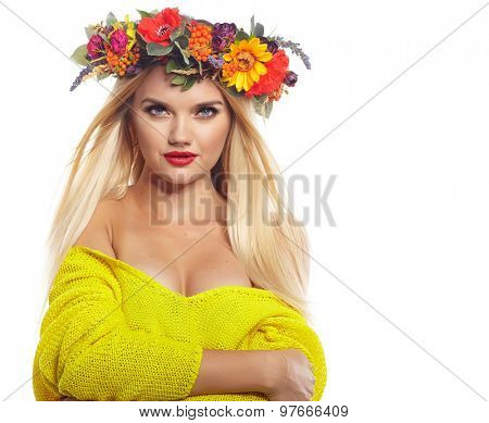 Slavic blonde girl in the flowers wreath