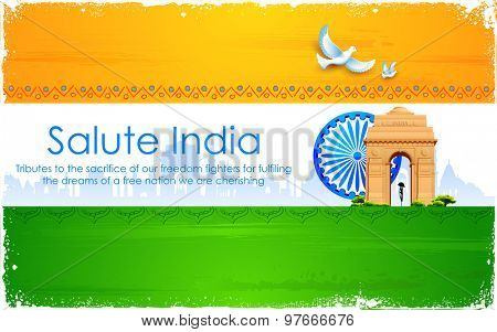 illustration of Ashok wheel and India Gate on tricolor flag