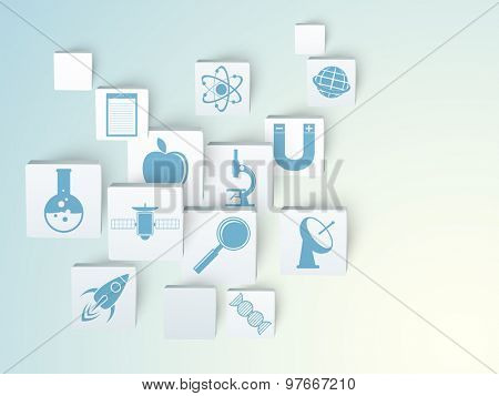 Set of glossy Science signs and symbols on shiny blue background.