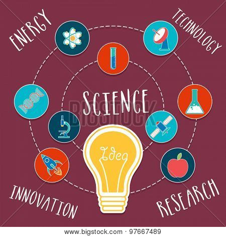 Set of various colorful symbols of Science with illustration of light bulb.