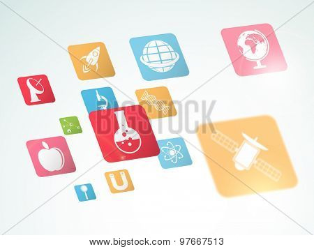 Set of colorful glossy signs and symbols of science on shiny background. 
