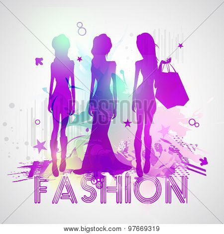 Creative illustration of young fashionable girls in beautiful hot dress with shopping bags on stylish background.