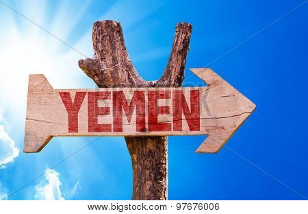 Yemen wooden sign with sky background