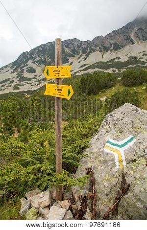 Signpost To Different Touristic Routes Near Bansko, Bulgaria  In Summer Time
