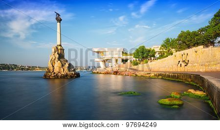 Monument To The Flooded Ships And Kornilov Embankment In Sevastopol, The Crimea In The Sunny Summer