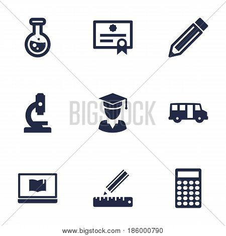 Set Of 9 Studies Icons Set.Collection Of Certificate, Flask, School Autobus And Other Elements.