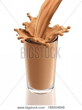 Splash of chocolate milk from the glass on isolated white background. 3d rendering
