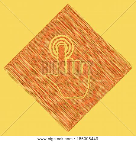 Hand click on button. Vector. Red scribble icon obtained as a result of subtraction rhomb and path. Royal yellow background.