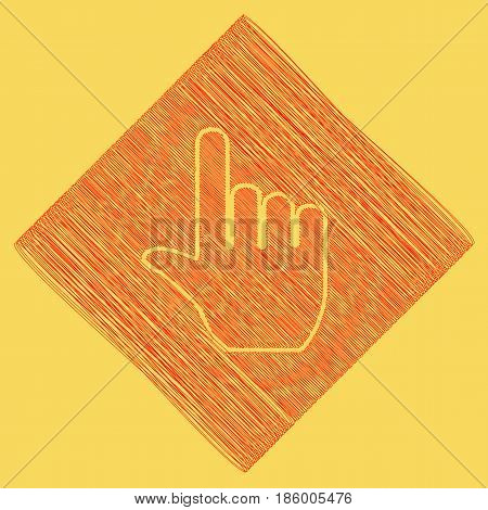 Hand sign illustration. Vector. Red scribble icon obtained as a result of subtraction rhomb and path. Royal yellow background.