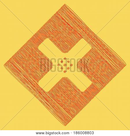 Aid sticker sign. Vector. Red scribble icon obtained as a result of subtraction rhomb and path. Royal yellow background.