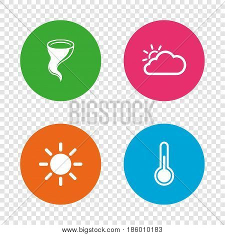 Weather icons. Cloud and sun signs. Storm symbol. Thermometer temperature sign. Round buttons on transparent background. Vector