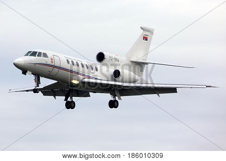 PRAGUE, CZECH REPUBLIC - NOVEMBER 2, 2012: Dassault Falcon 50 YU-BNA of Serbia Government landing at Ruzyne international airport.