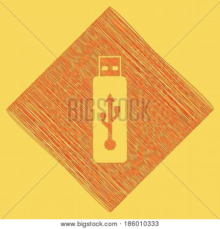 Vector USB flash drive sign. Vector. Red scribble icon obtained as a result of subtraction rhomb and path. Royal yellow background.