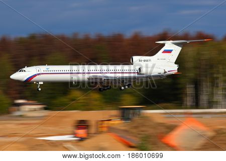 CHKALOVSKY, MOSCOW REGION, RUSSIA - SEPTEMBER 28, 2011: Tupolev Tu-154B-2 RA-85571 of Russian Air Force landing at Chkalovsky.