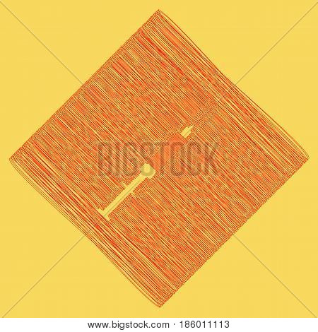 Syringe sign illustration. Vector. Red scribble icon obtained as a result of subtraction rhomb and path. Royal yellow background.