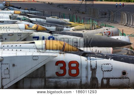 KHODYNSKOE POLE, MOSCOW, RUSSIA - JUNE 24, 2011: Various old airplanes standing at closed airport.