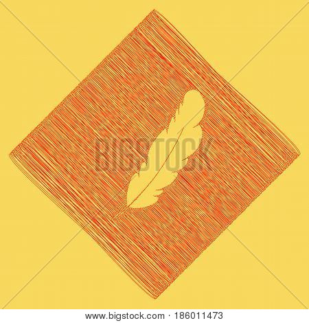 Feather sign illustration. Vector. Red scribble icon obtained as a result of subtraction rhomb and path. Royal yellow background.
