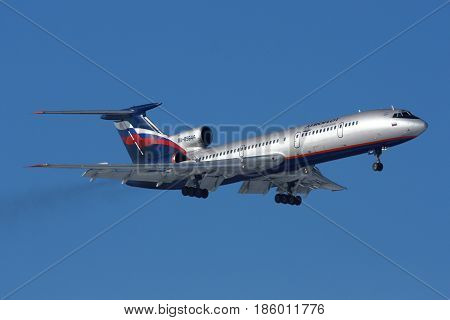 SHEREMETYEVO, MOSCOW REGION, RUSSIA - FEBRUARY 22, 2009: Aeroflot Tupolev Tu-154M RA-85644 landing at Sheremetyevo international airport.