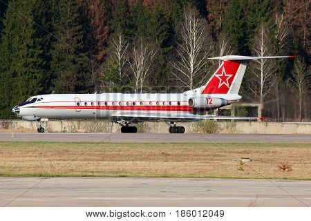 CHKALOVSKY, MOSCOW REGION, RUSSIA - APRIL 30, 2011: Tupolev Tu-134SH of Russian Air Force standing at Chkalovsky.