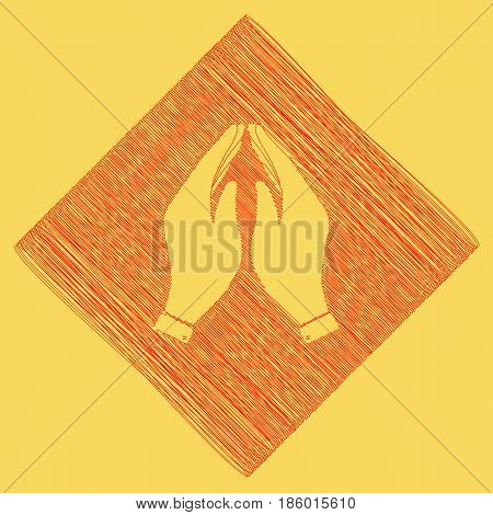 Hand icon illustration. Prayer symbol. Vector. Red scribble icon obtained as a result of subtraction rhomb and path. Royal yellow background.