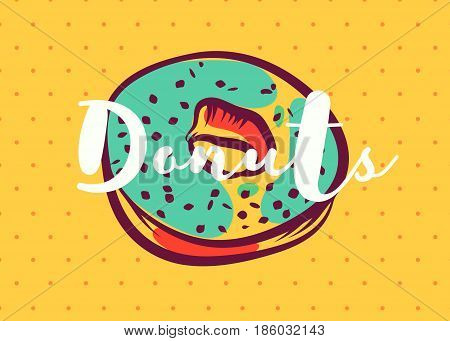 Vector hand drawn donut with green glaze poster or card. Sketch cards. Cute vintage illustrations. Vector stock illustration. . Donut glaze background. Template for design.
