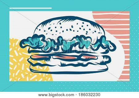 Vector hand drawn hamburger poster or card. Sketch cards. Cute vintage illustrations. Vector stock illustration. . Hamburger background. Template for design or tshirt.