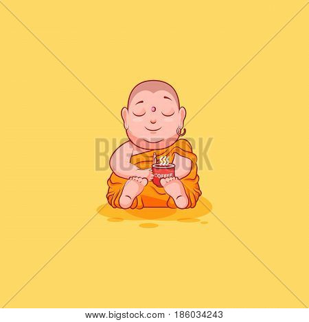 Sticker emoji emoticon emotion vector isolated illustration happy character cartoon Buddha just woke up with cup of coffee sticker Buddhist monk kashaya yellow background for mobile app info graphics.