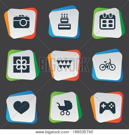Vector Illustration Set Of Simple Celebration Icons. Elements Box, Game, Camera And Other Synonyms Gift, Photo And Sport.
