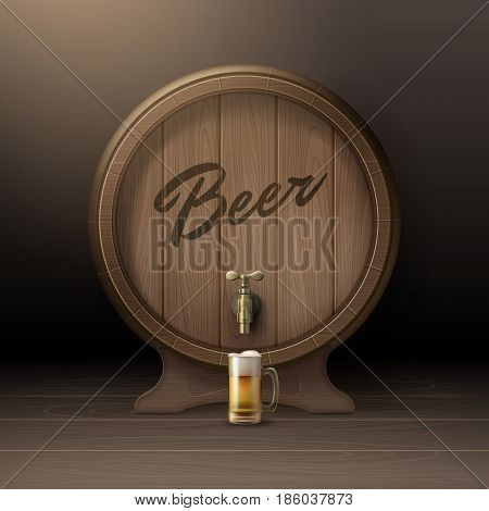 Vector old wooden barrel on rack with bronze stopcock and glass mug of beer front view isolated on background