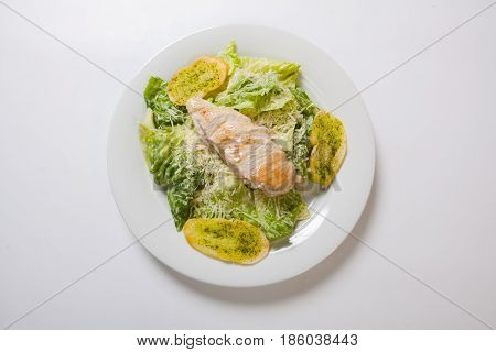 Caesar Salad Plate With Cheese And Garlic Bread
