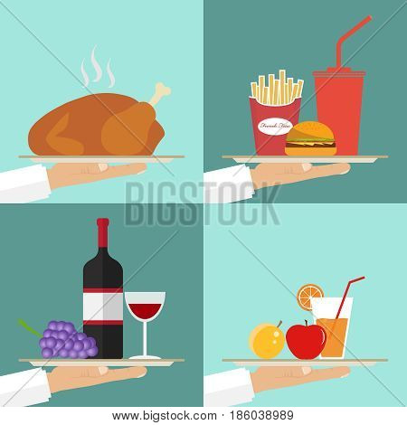 The waiter serves a dish on a tray a lunch set. Flat design vector illustration vector.