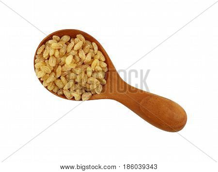 Yellow Bulgur Big Grains In Wooden Scoop On White