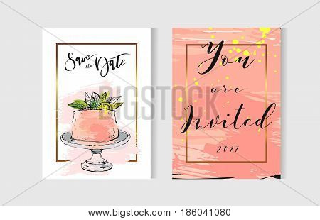Hand drawn vector abstract freehand textured unusual save the date cards set template with cake stand design, flowers, lemon, golden frame and modern calligraphy in peach colors.Wedding, birthday, rsvp.