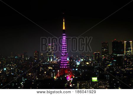 Aerial view of Tokyo Skyline at night with illuminated Tokyo Tower, icon and landmark of Minato Distric in Tokyo, Japan.