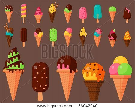 Sweet cartoon cold ice cream set and tasty frozen icecream collection vector delicious colorful desserts. Chocolate and milk party wafer dairy product sugar scoop vanilla tasty fruit topping.